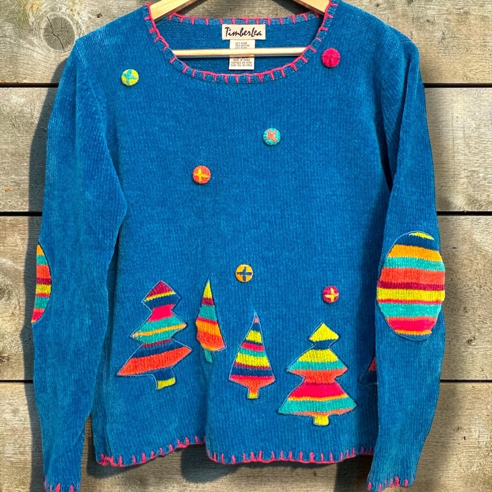 Vintage Timberlea Womens Blue Chenille Christmas Tree Sweater‎ Medium